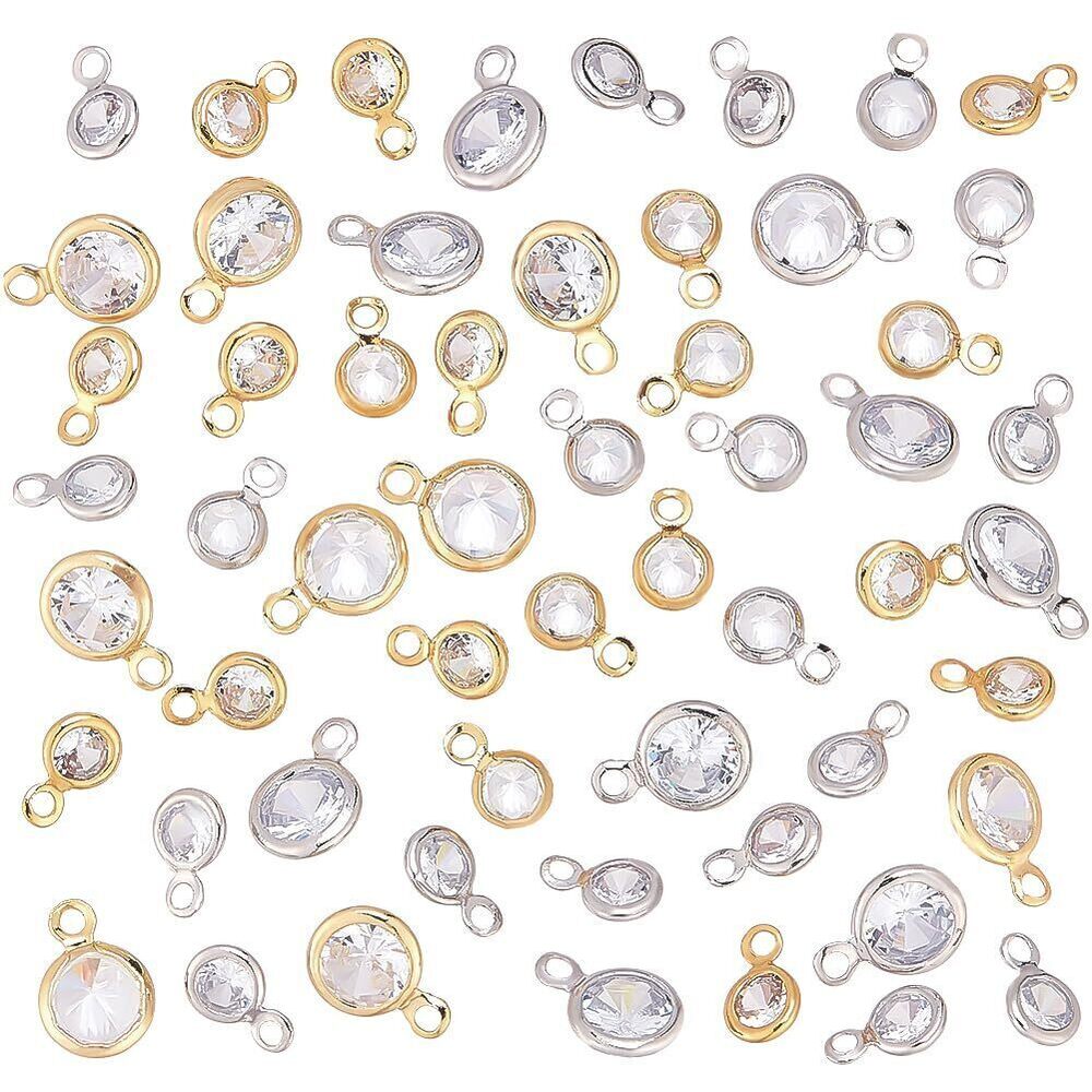 2551 60Pcs 18K Gold Cubic Zirconia Charms Round Crystal Clear Charm